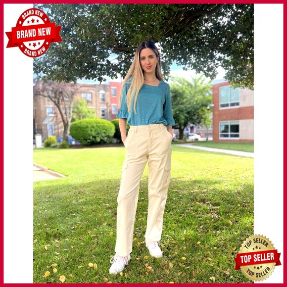 High Waisted Cargo Pants with 6 Pockets, Stretchy Wide Leg Casual Streetwear - Picture 7 of 7